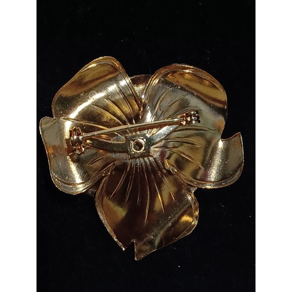 Vintage Gold-Tone Rose Brooch w/ Brushed Textured & Faux Pearl - Picture 2 of 2